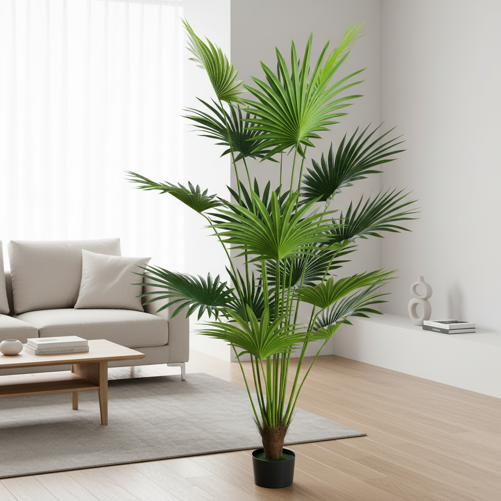 Decorațiune Palmier Livistona Evantai, 15 frunze, Plastic, 200 cm, Verde