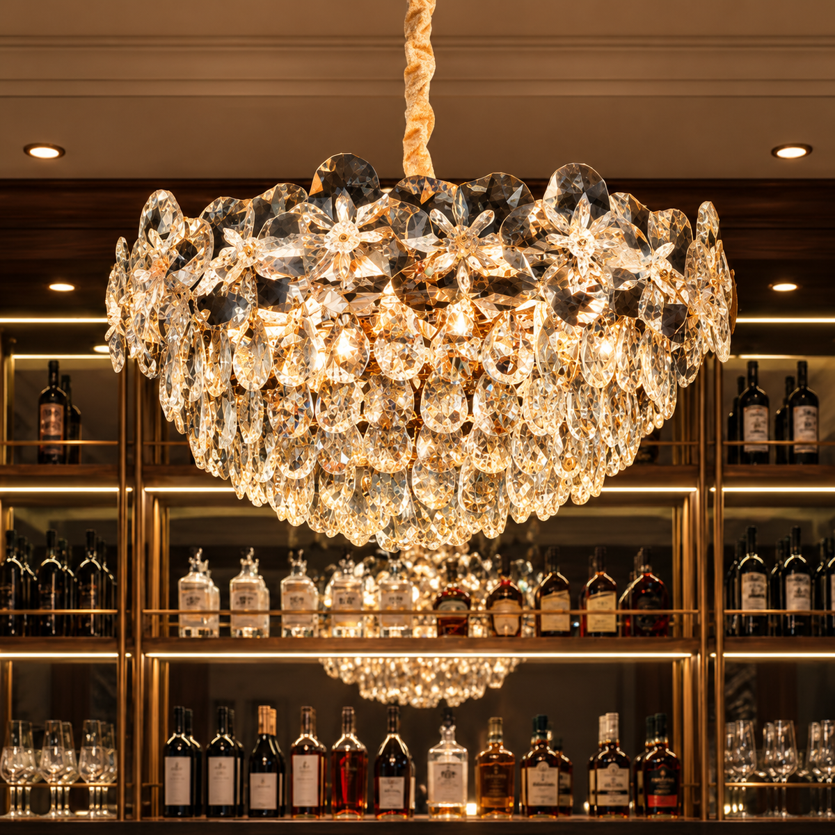 Candelabru Cristal JARDIN Magno 14xE14, Diametru 60cm, Inaltime 35cm, Auriu Lucios, Inaltime Reglabila, Design Elegant