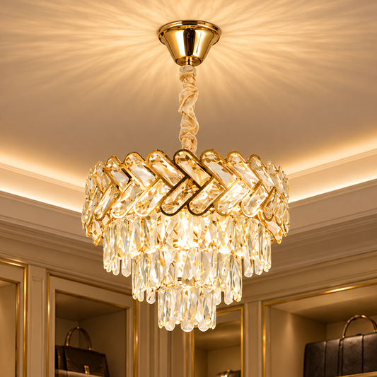 Candelabru Cristal VECTOR Nobile 5xE14, Diametru 39cm, Auriu Lucios, Inaltime Reglabila, Metal si Cristal
