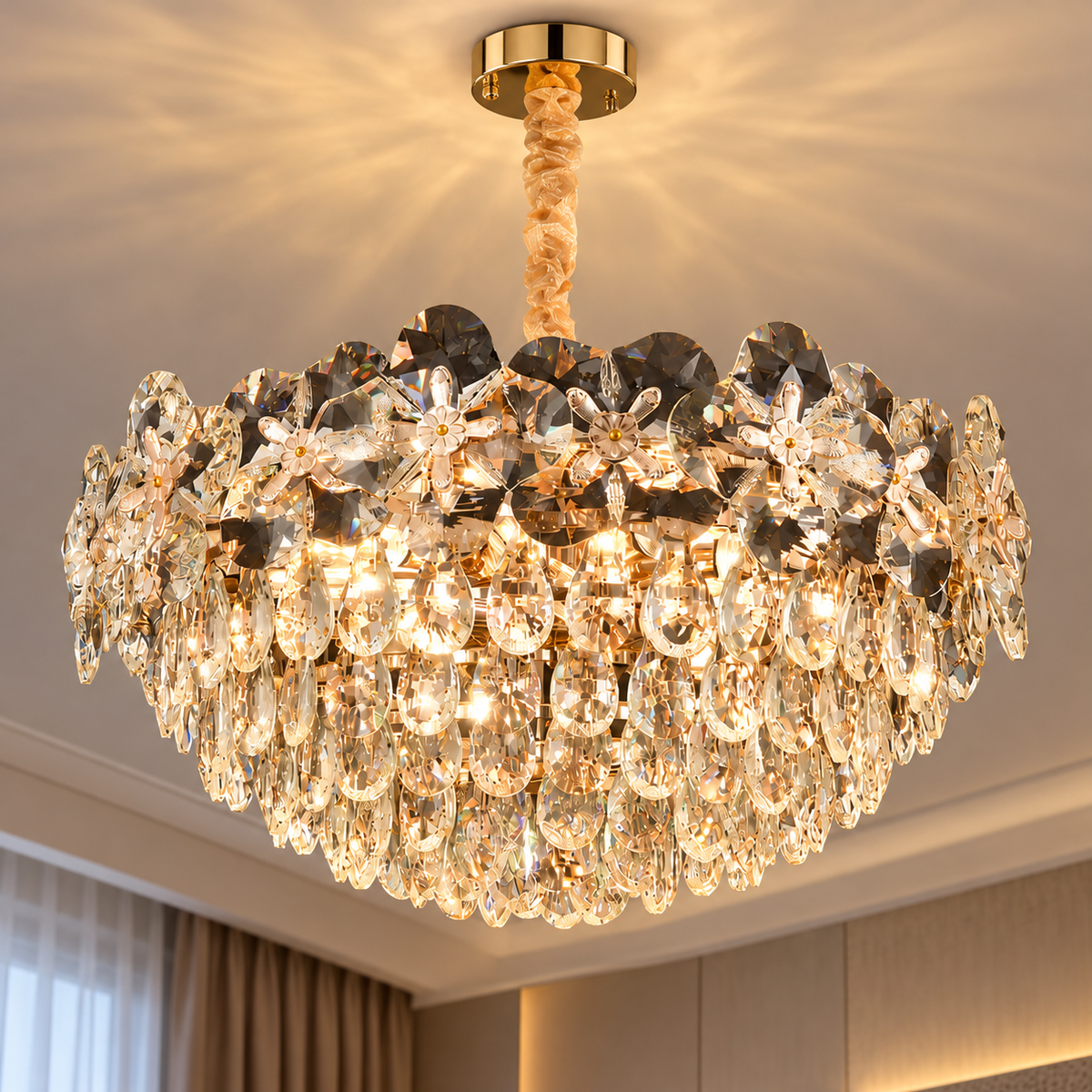 Candelabru Cristal JARDIN Nobile 3xE14, Diametru 40cm, Inaltime 26cm, Auriu Lucios, Inaltime Reglabila, Design Elegant