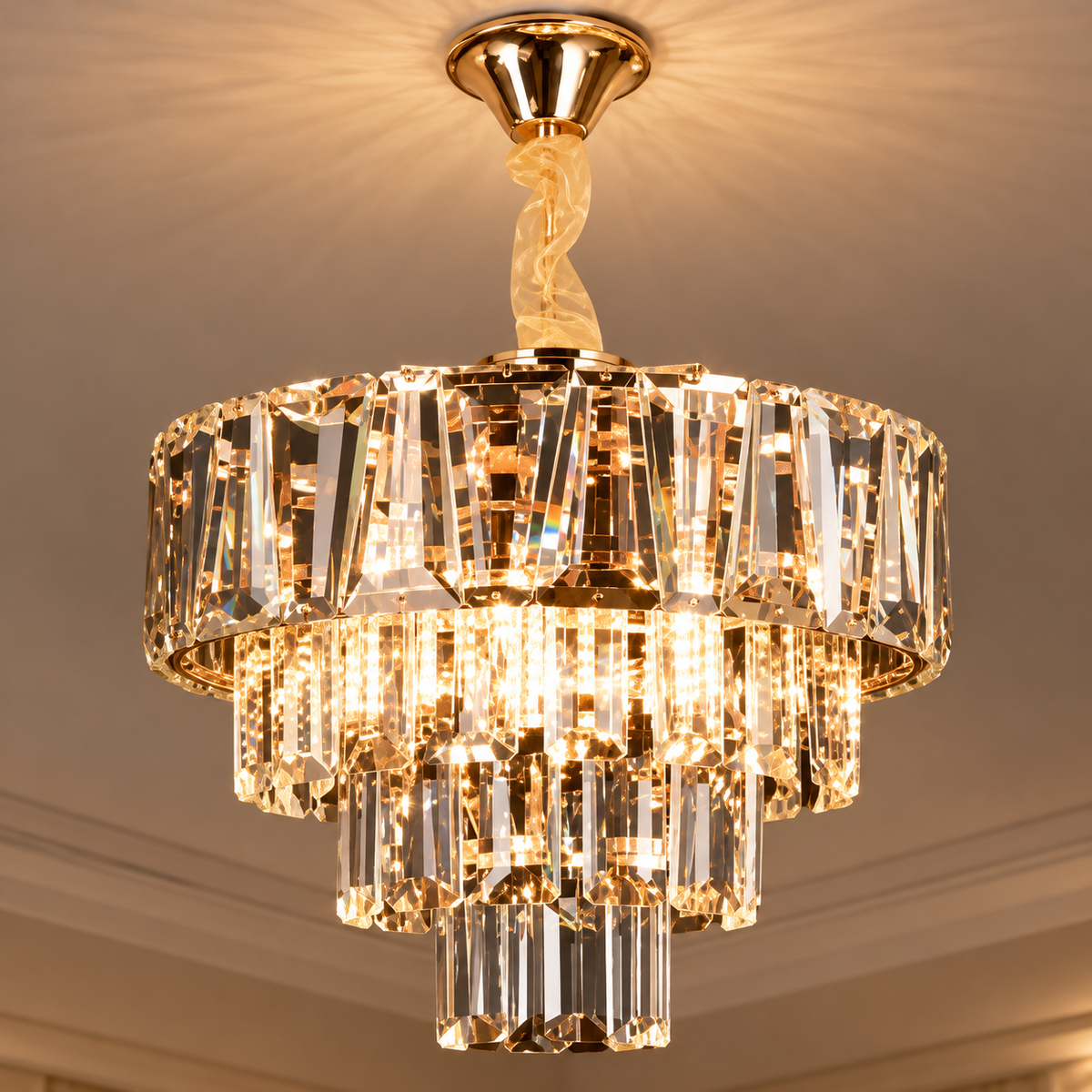 Candelabru Cristal VALMONT Petito 3xE14, D30 cm, Auriu, Inaltime Reglabila, Metal si Cristal
