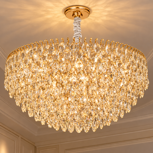 Candelabru Cristal ERDENET Regalis, 22xE14, Diametru 80 cm, Metal si Cristal, Auriu Lucios, Inaltime Reglabila