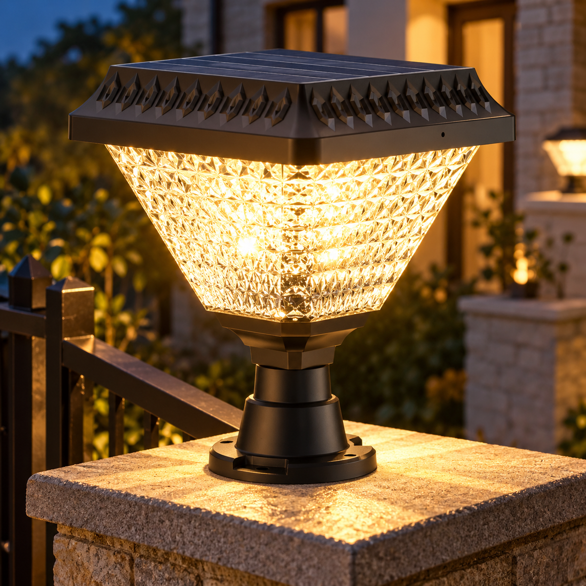 Lampa Solara LED pentru Stalp Exterior KATTAKURGAN, 8W, Lumina Calda/Rece/Neutra + RGB, Forma Patrata, Aluminiu, Negru, Dimabila
