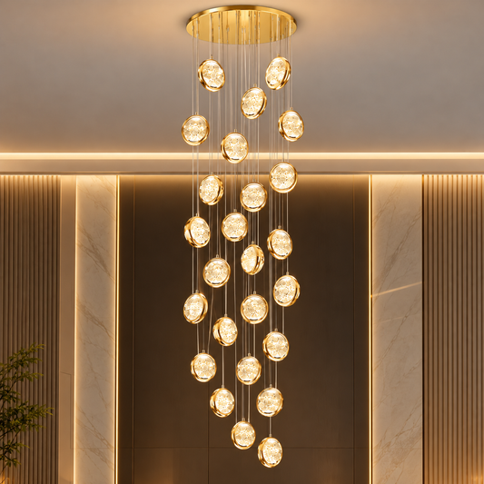 Candelabru Cristal FRAME LED cu Telecomanda, Suspendat, 30 Surse, 90W, Diametru 60cm, Inaltime Reglabila, Auriu, Metal si Cristal