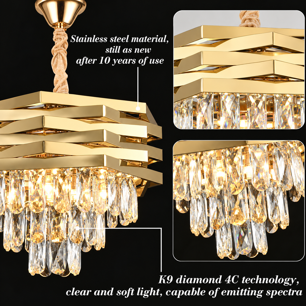 Candelabru Cristal HEXA Ø30cm 3xE14 Auriu Inaltime Reglabila