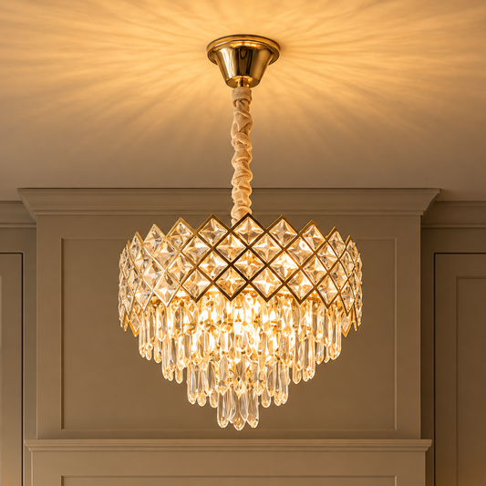 Candelabru Cristal VECTORIA Eleganza 8xE14, Diametru 48cm, Auriu, Inaltime Reglabila, Metal si Cristal