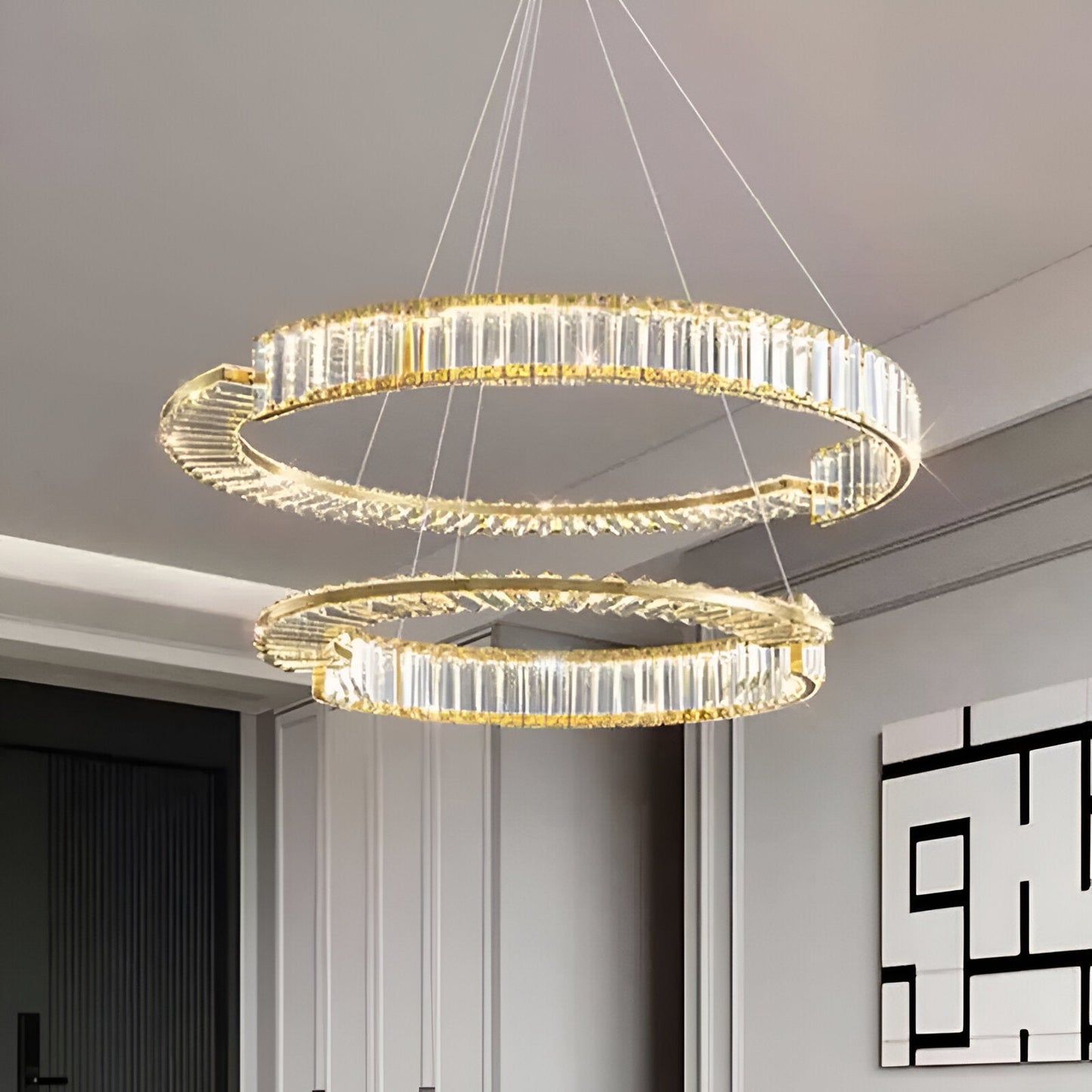 Lustra LED suspendata cu telecomanda si cristal PRISM REGAL 120W, 2 Cercuri, lumina Rece/Calda/Neutra, Dimabila, Auriu, Inaltime Reglabila