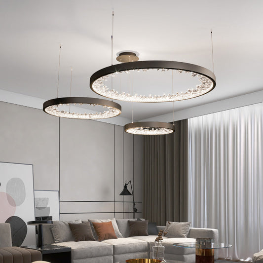 Lustra LED suspendata cu telecomanda, Cristale K9, 80W, 3 Cercuri, lumina Rece/Calda/Neutra, Dimabila, Negru, Inaltime Reglabila Lustre Moderne Default Title Alessandro Design