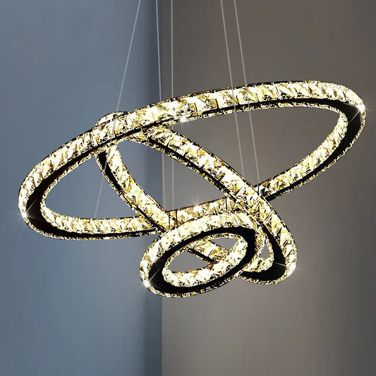 Lustra LED suspendata cu telecomanda si cristal PRISM LUMINIS 79W, 3 Cercuri, lumina Rece/Calda/Neutra, Dimabila, Crom, Inaltime Reglabila