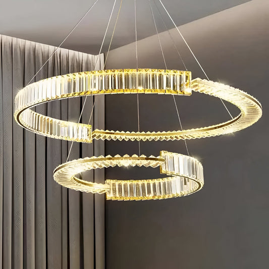Lustra LED suspendata cu telecomanda si cristal PRISM REGAL 120W, 2 Cercuri, lumina Rece/Calda/Neutra, Dimabila, Auriu, Inaltime Reglabila