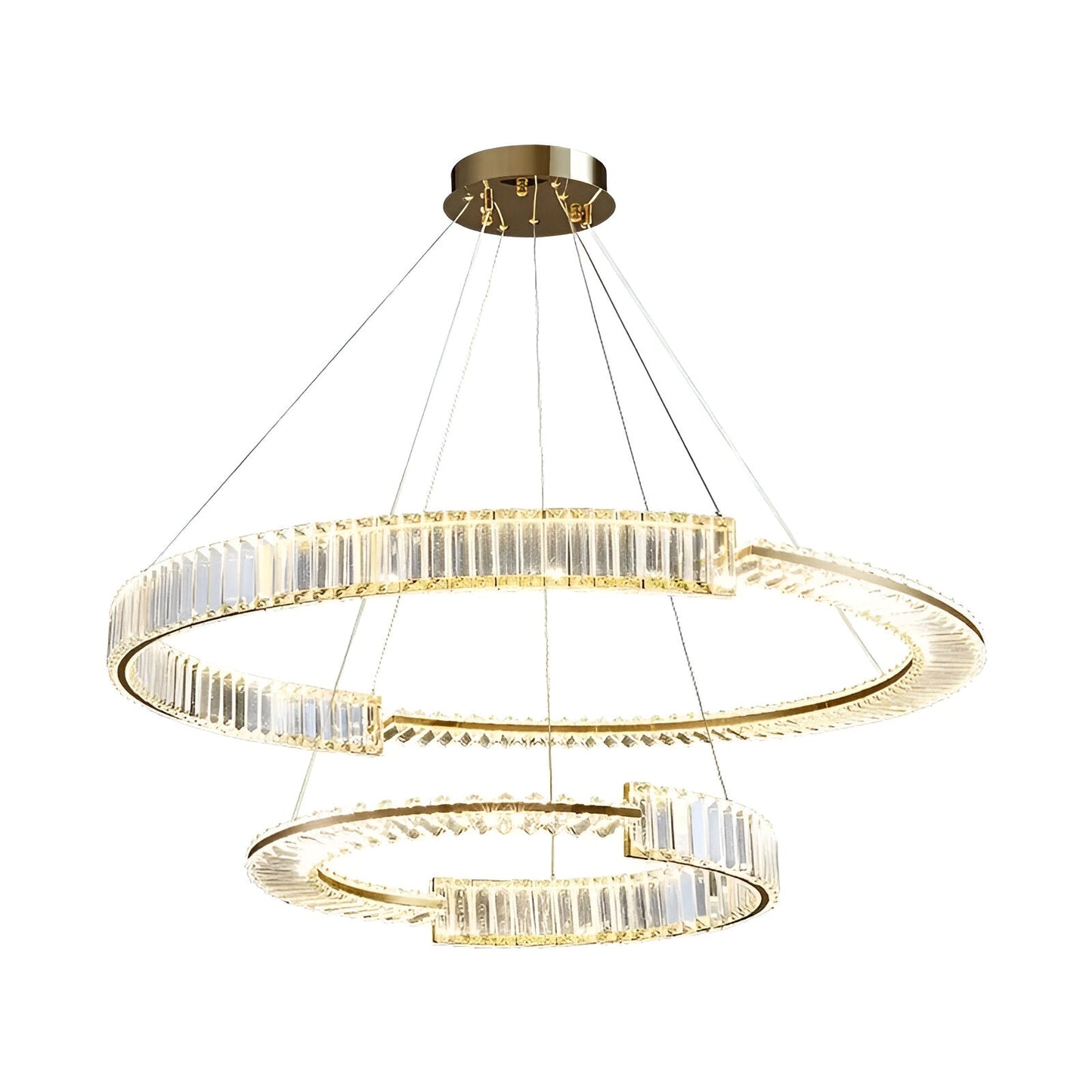 Lustra LED suspendata cu telecomanda si cristal PRISM REGAL 120W, 2 Cercuri, lumina Rece/Calda/Neutra, Dimabila, Auriu, Inaltime Reglabila