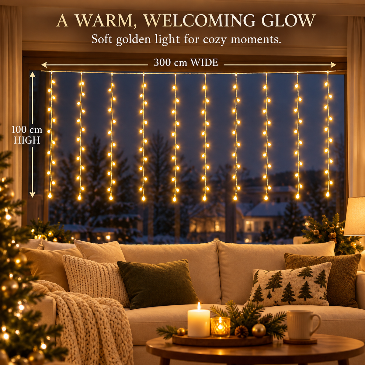 Instalatie de Craciun tip Perdea Luminoasa LED, lumina calda, 300 x 100cm, 120 LED-uri