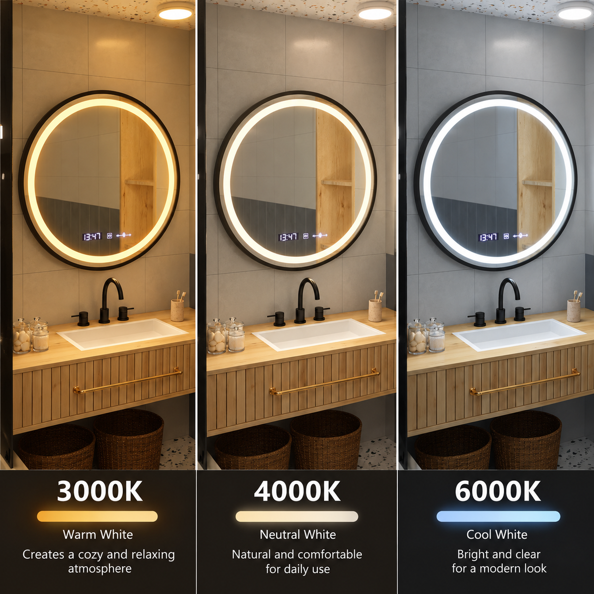Oglinda LED Rotunda, 100cm, Celeste Majesté Noir MotionGlow Marcello, Sistem Dezaburire, Ceas & Termometru, Dimabila