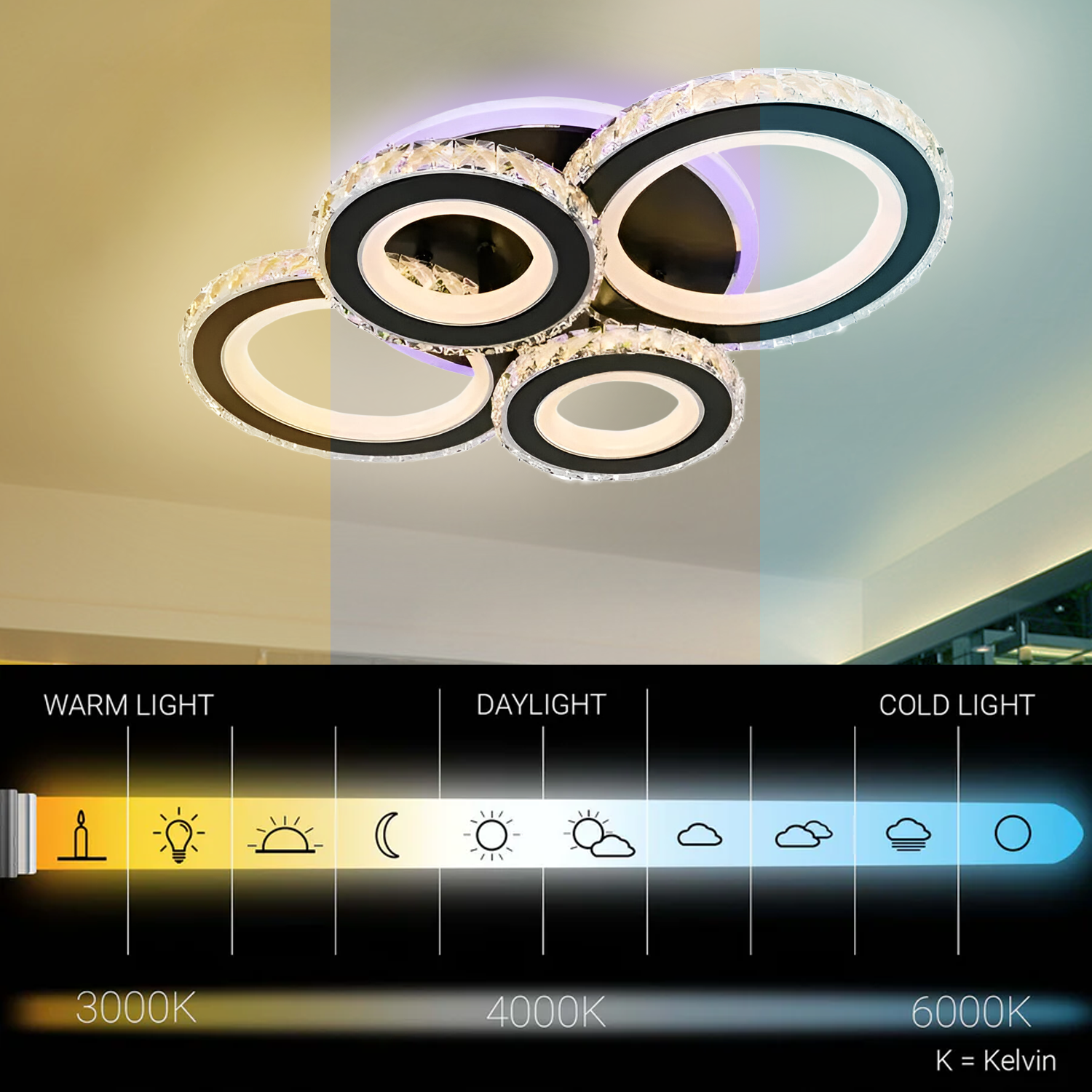 Lustra LED cu telecomanda si cristal NOVA ROTONDA RGB 82W, 4 Cercuri, lumina Rece/Calda/Neutra, Dimabila, Negru Lustre LED cu Telecomanda Default Title Alessandro Design