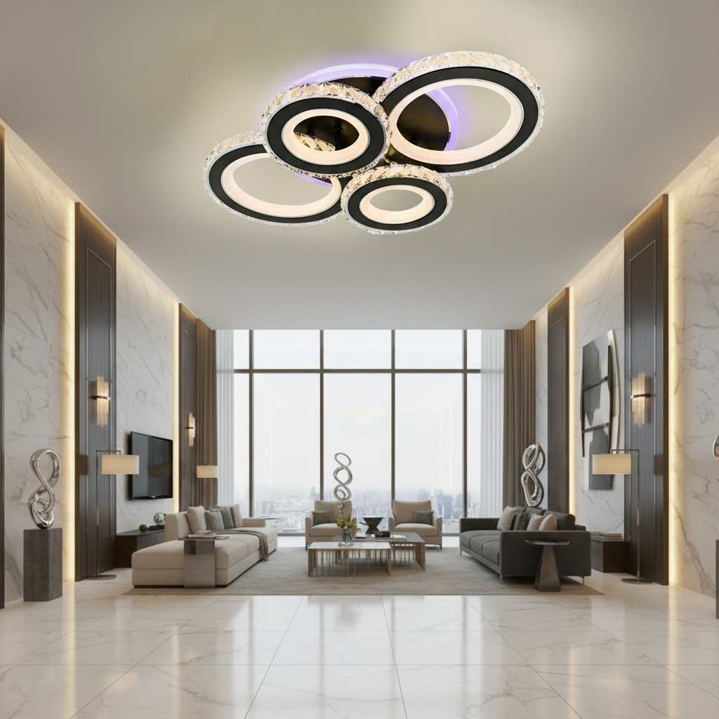 Lustra LED cu telecomanda si cristal NOVA ROTONDA RGB 82W, 4 Cercuri, lumina Rece/Calda/Neutra, Dimabila, Negru Lustre LED cu Telecomanda Default Title Alessandro Design