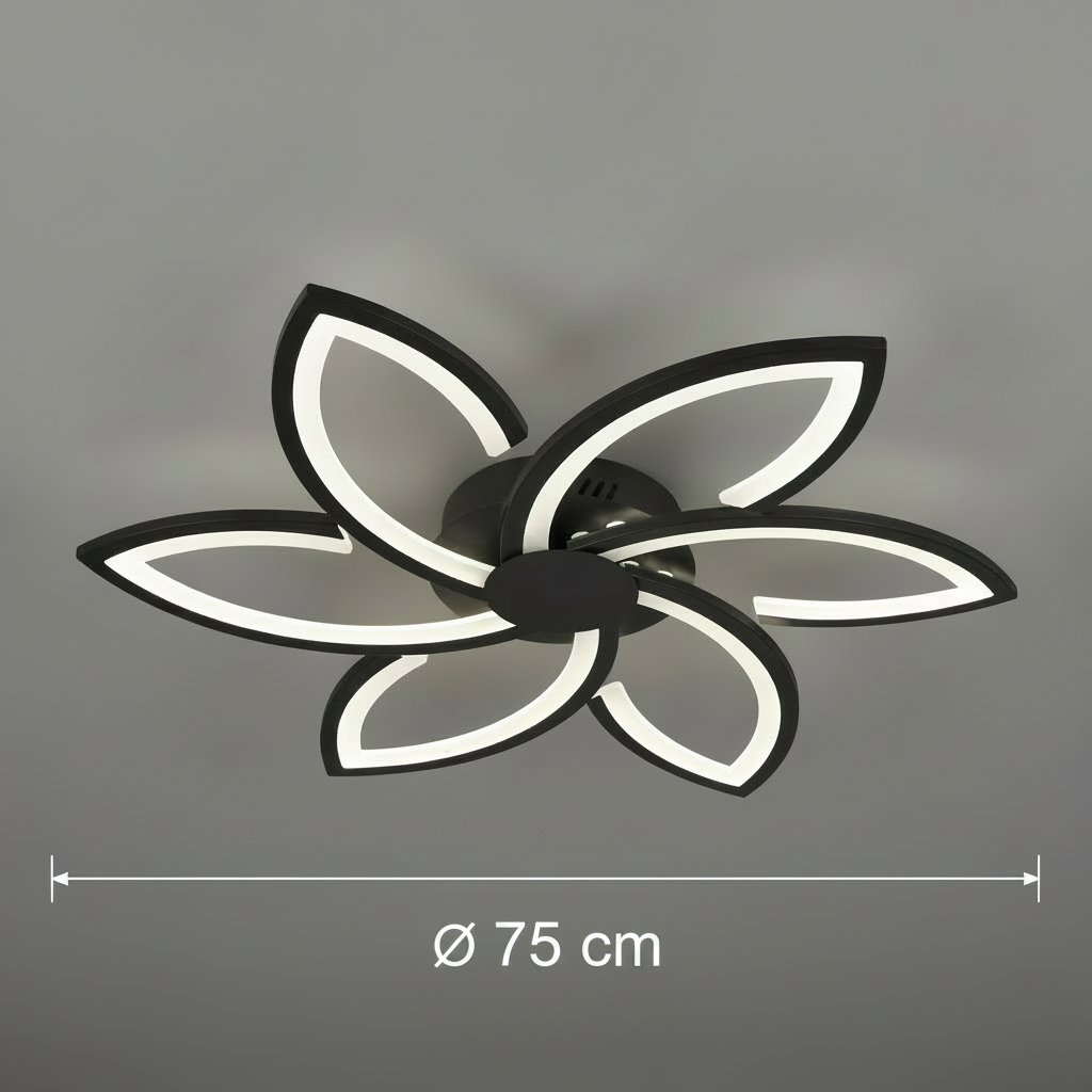 Lustra LED cu telecomanda si cristal FLORA  82W, 6 Petale, lumina Rece/Calda/Neutra, Dimabila, Negru