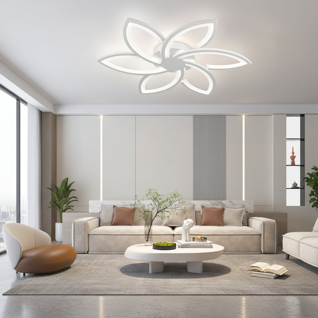 Lustra LED cu telecomanda si cristal FLORA 82W, 6 Petale, lumina Rece/Calda/Neutra, Dimabila, Alb