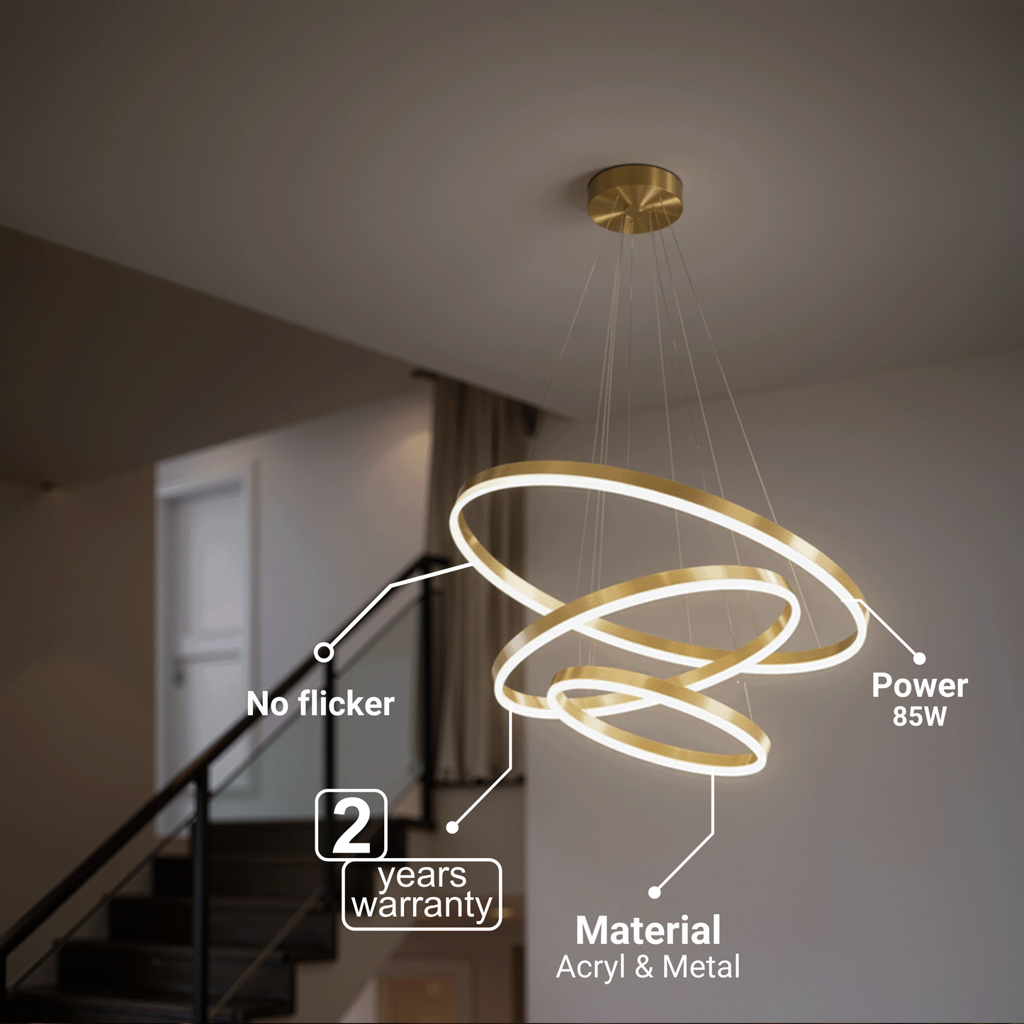 Lustra LED suspendata cu telecomanda ELIZABETH, 85W, 3 Cercuri, lumina Rece/Calda/Neutra, Dimabila, Auriu Lucios, Inaltime Reglabila