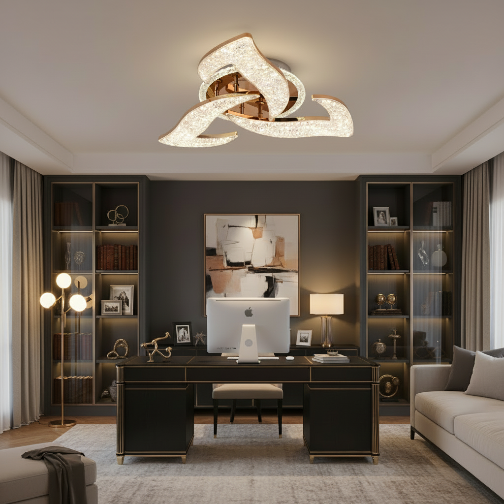 Lustra LED HALESA Eleganza cu telecomanda si cristal, 44W, 3 Surse, Lumina Rece/Calda/Neutra, Dimabila, Auriu