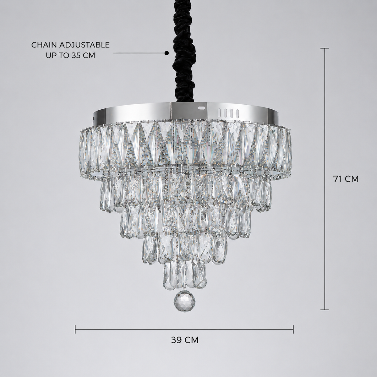Lustra LED Cristal RIGO cu telecomanda Nobile Diametru 39cm, Crom Lucios, Inaltime Reglabila, Metal si Cristal