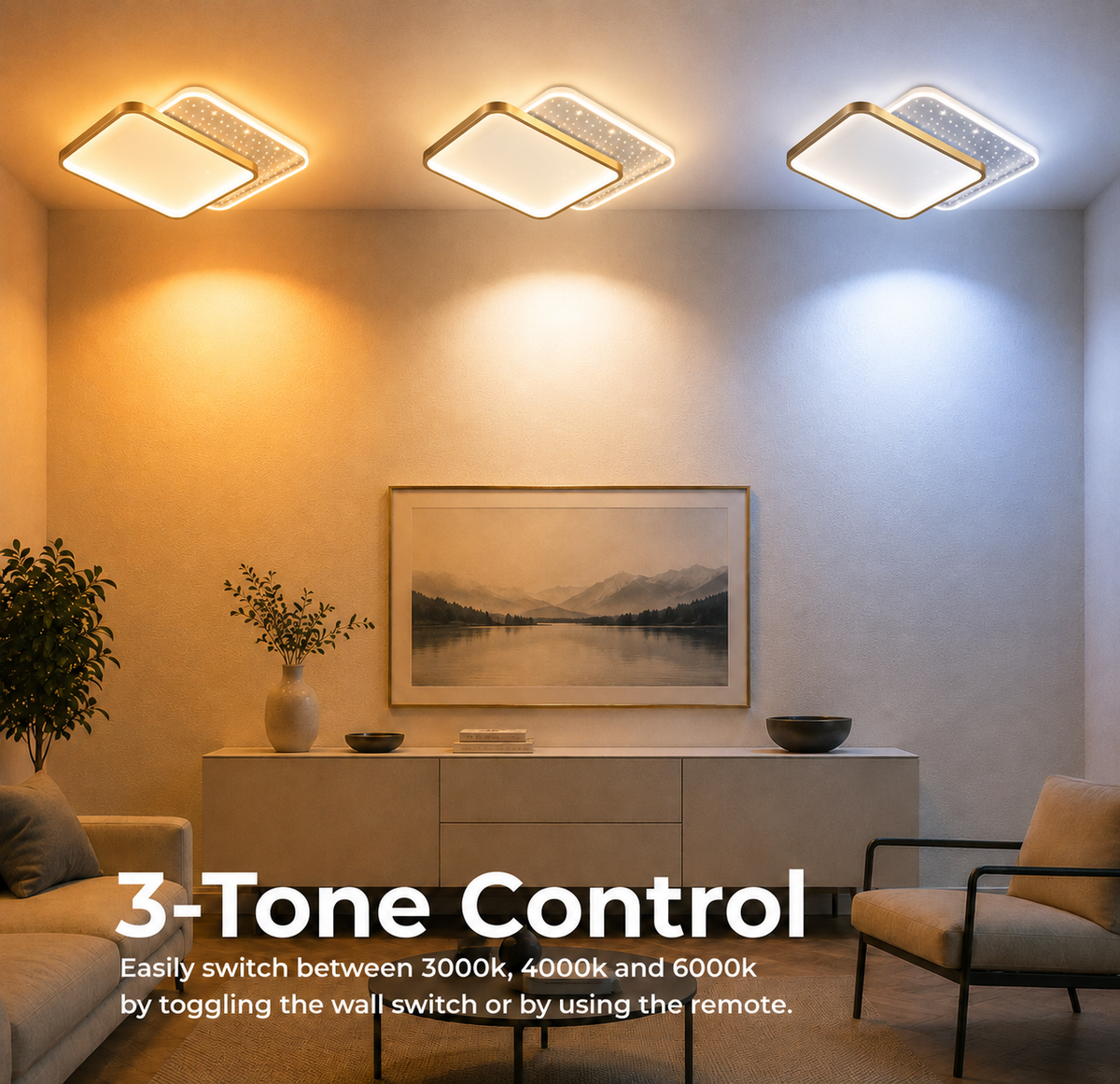 Lustra LED cu telecomanda GILDRA 48W, 2 Patrate, lumina Rece/Calda/Neutra, Dimabila, Auriu