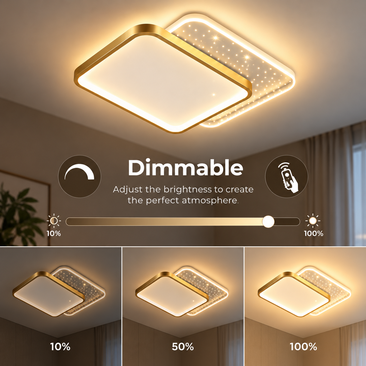 Lustra LED cu telecomanda GILDRA 48W, 2 Patrate, lumina Rece/Calda/Neutra, Dimabila, Auriu