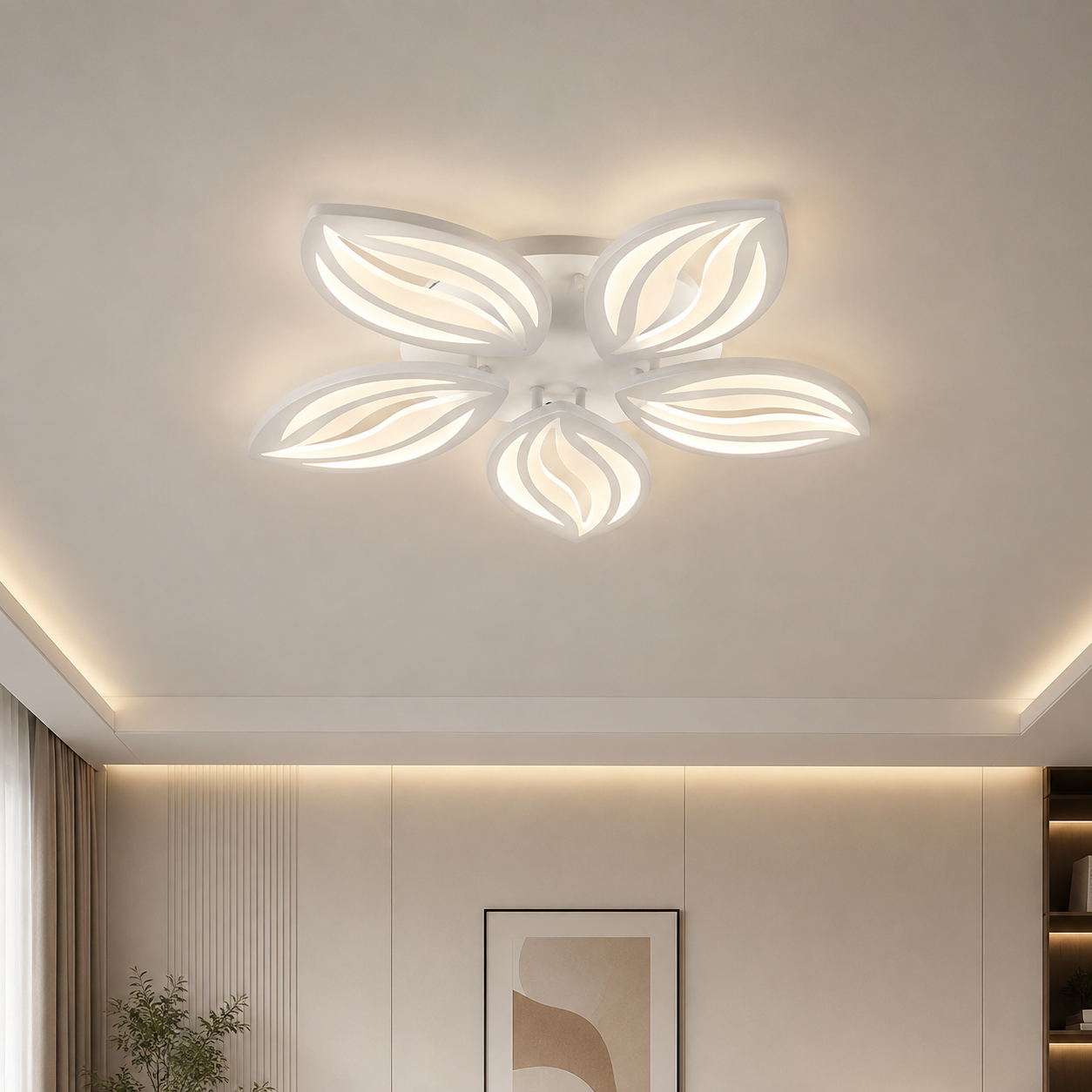 Lustra LED cu telecomanda ORCHID 66W, 5 Petale, lumina Rece/Calda/Neutra, Dimabila, Alb, Metal si Acril