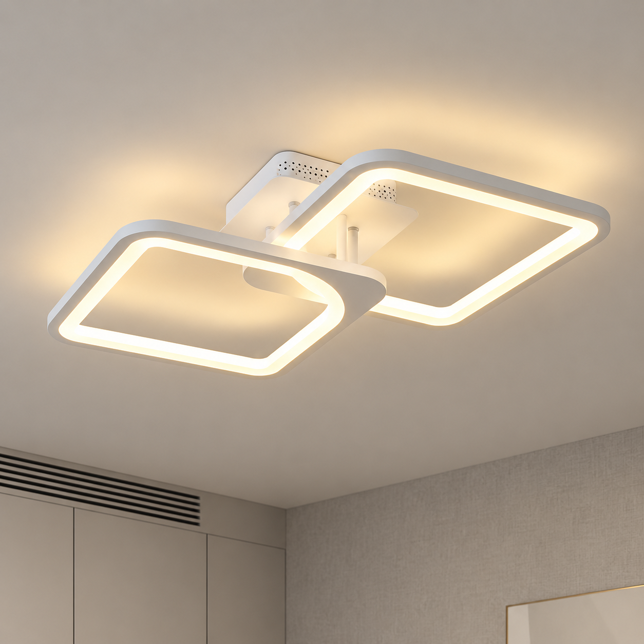 Lustra LED cu telecomanda ZOE 41W, 2 Patrate,  lumina Rece/Calda/Neutra, Dimabila, Alb