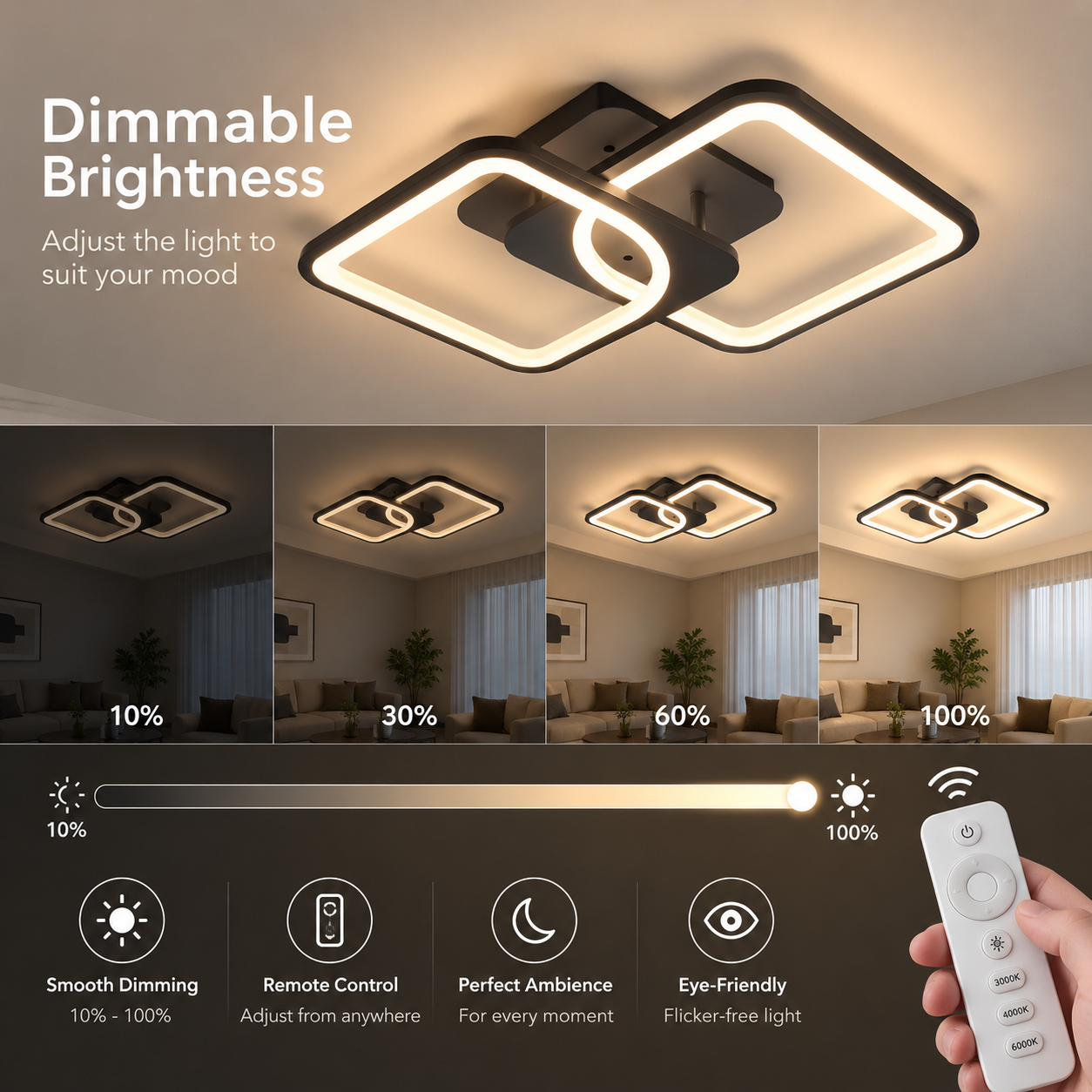 Lustra LED cu telecomanda ZOE 41W, 2 Patrate,  lumina Rece/Calda/Neutra, Dimabila, Negru