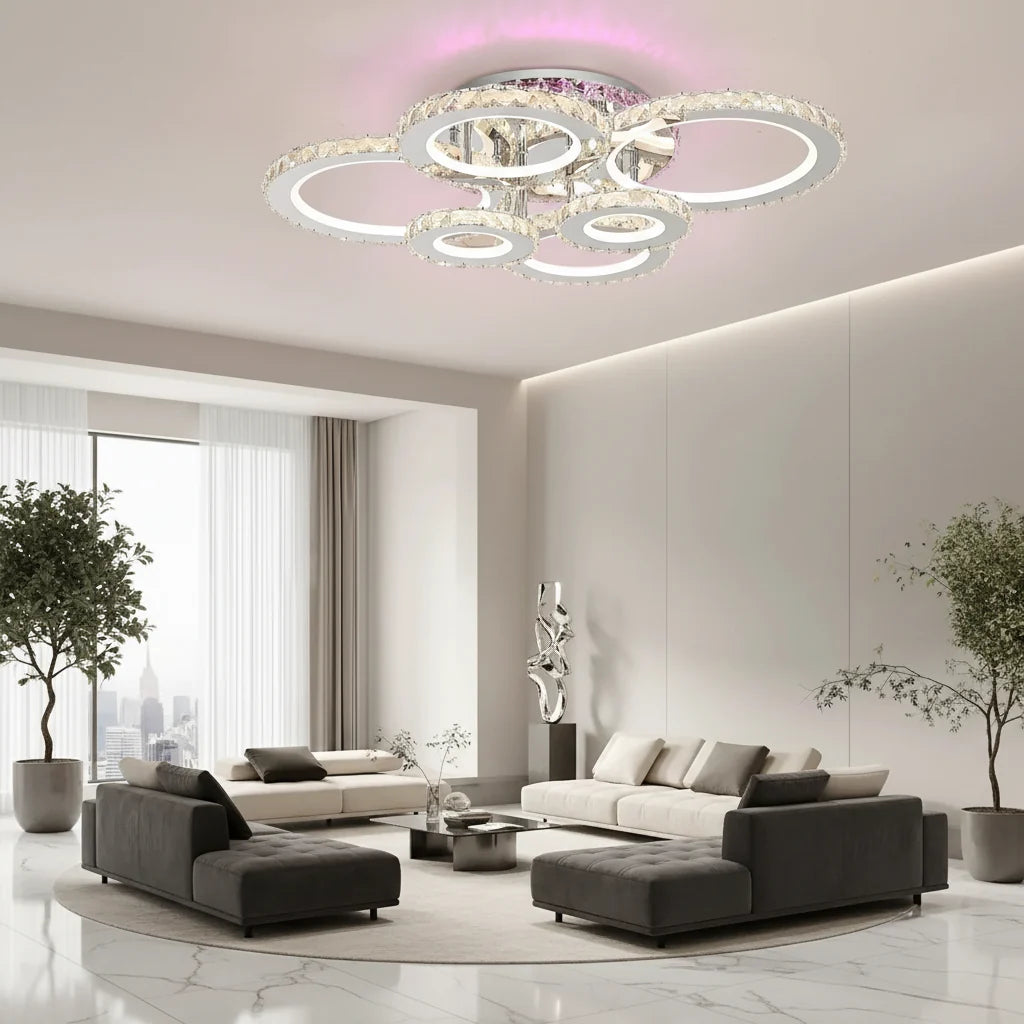 Lustra LED cu telecomanda si cristal NOVA ROTONDA RGB 144W, 6 Cercuri, lumina Rece/Calda/Neutra, Dimabila, Crom Lucios Lustre LED & Cristale Default Title Alessandro Design