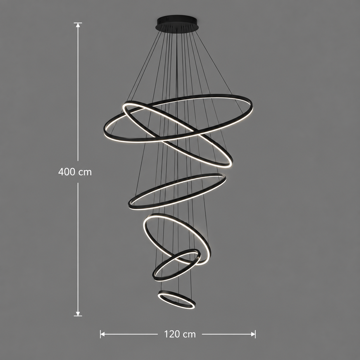 Lustra LED suspendata NARSAQ 222W, 6 Cercuri, lumina Rece/Calda/Neutra, Negru, Inaltime Reglabila
