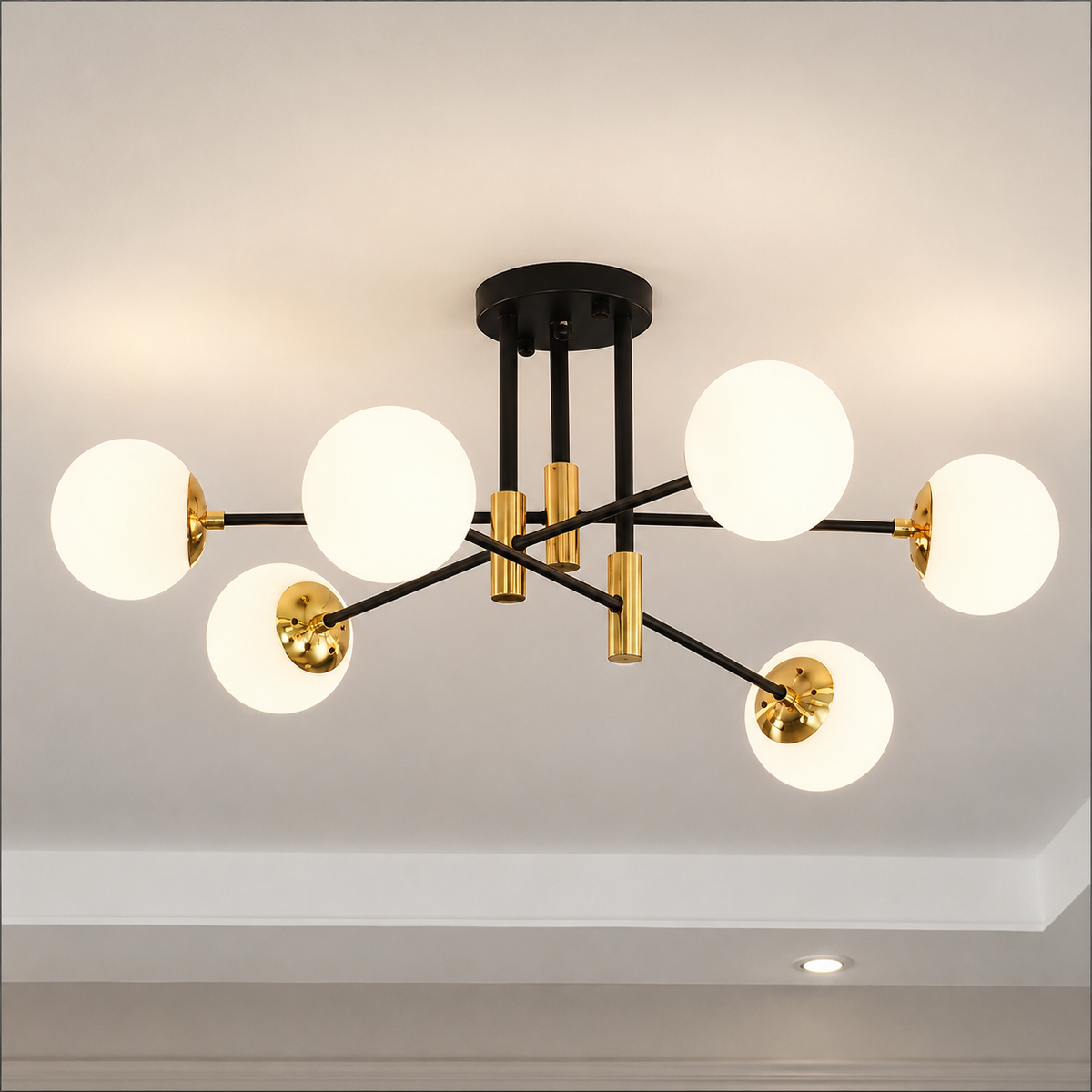Lustra cu Glob Alb Rotund, PENTHOUSE Lounge, 6xE27, Negru / Auriu, Metal si Sticla