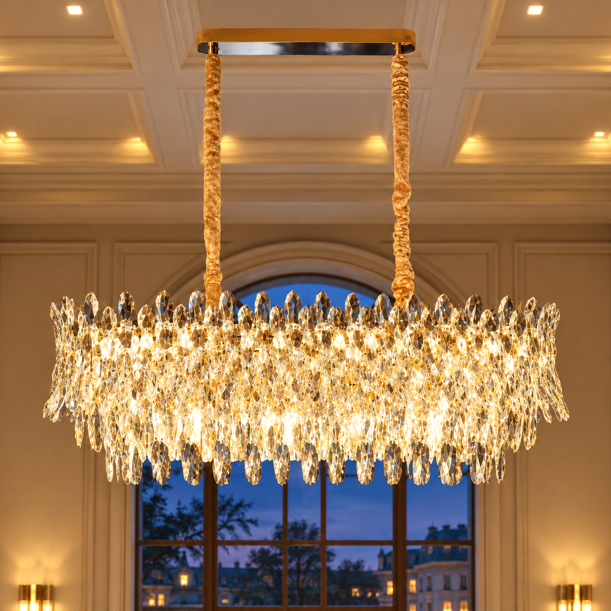 Candelabru Cristal MONARCH Supremo 14xE14, Dimensiune 100x35 cm, Inaltime 38 cm, Auriu Lucios, Inaltime Reglabila, Design Elegant