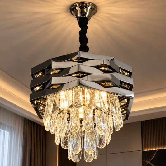 Candelabru Cristal HEXA Ø30cm 3xE14 Negru Inaltime Reglabila