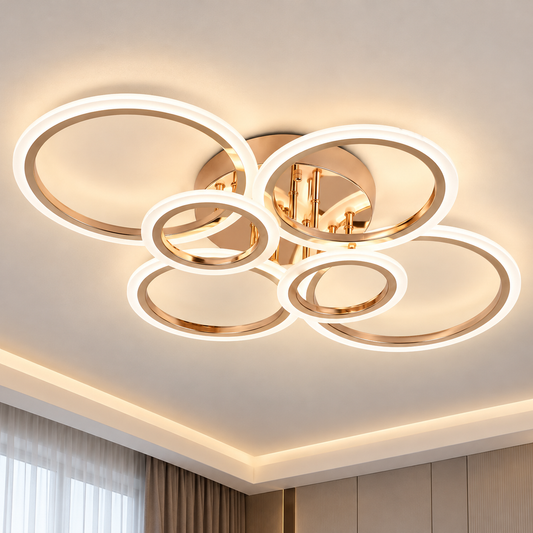 Lustra LED cu telecomanda BETTY 81W, 6 Cercuri, lumina Rece/Calda/Neutra, Dimabila, Auriu Lucios