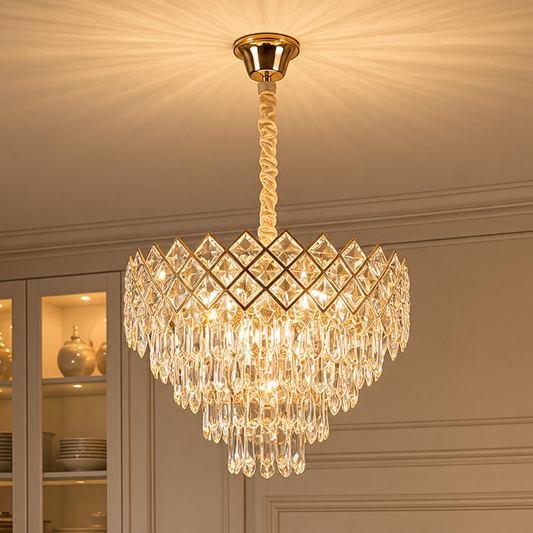 Candelabru Cristal VECTORIA Magno 8xE14, Diametru 58cm, Auriu, Inaltime Reglabila, Metal si Cristal