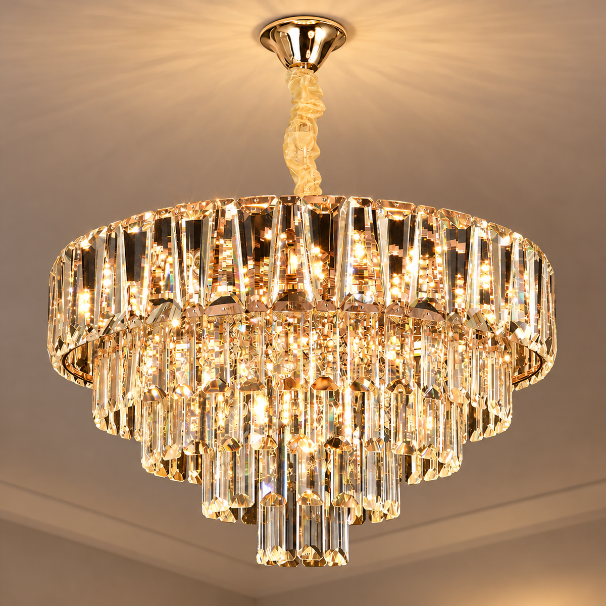 Candelabru Cristal VALMONT Eleganza 8xE14, D50 cm, Auriu, Inaltime Reglabila, Metal si Cristal
