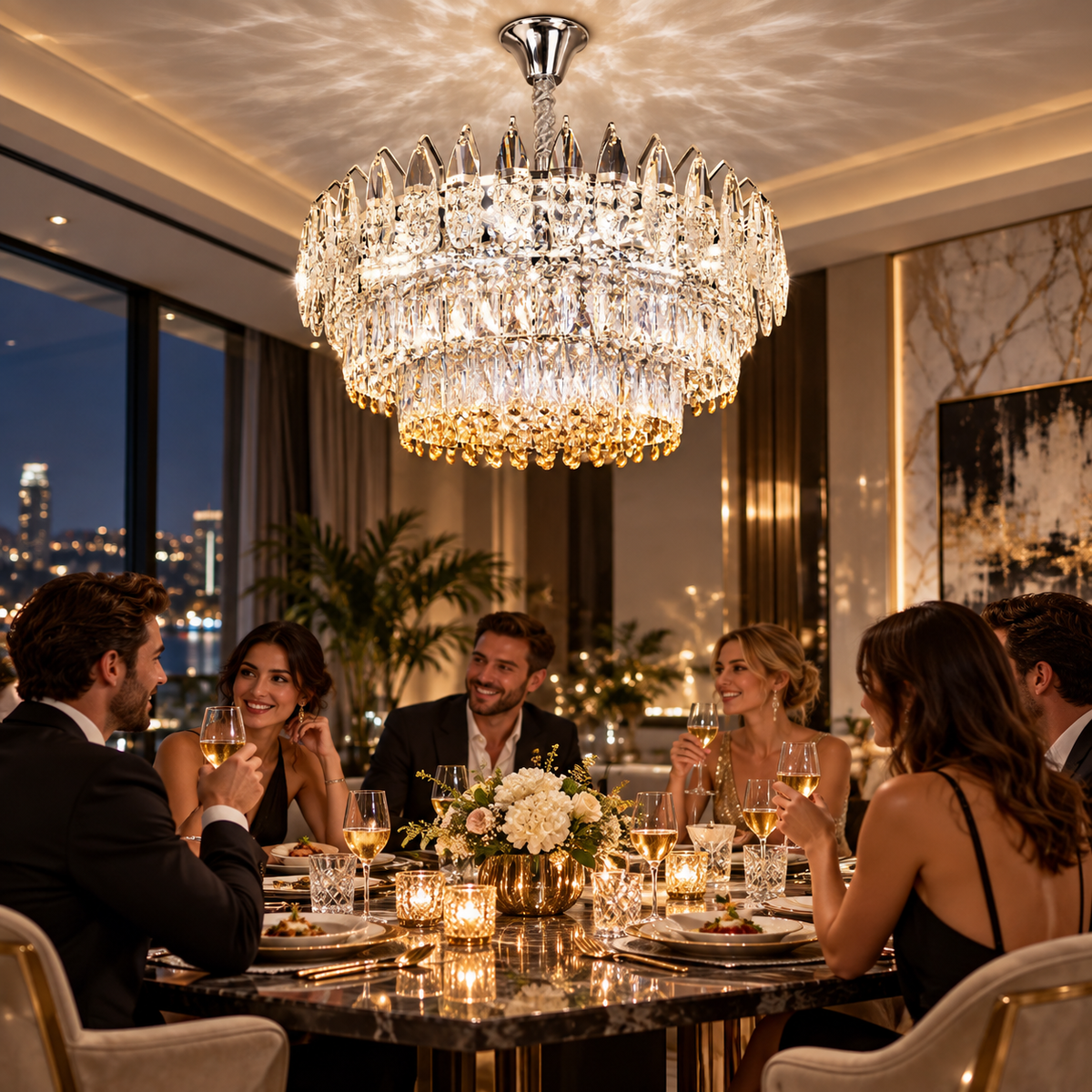 Candelabru Cristal MAJESTIC Magno 15x E14, Diametru 60cm, Crom Lucios, Inaltime Reglabila