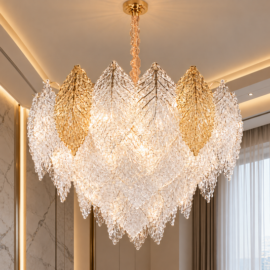 Candelabru Cristal LACE Magno 11xE14, Diametru 60cm, Inaltime 42cm, Auriu Lucios, Inaltime Reglabila, Design Elegant
