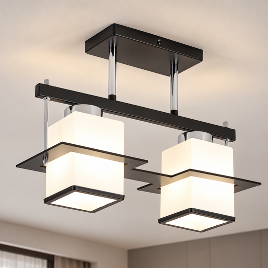 Lustra Clasica Aramis cu Lemn Abajur Patrat 2X E27 Gri Negru