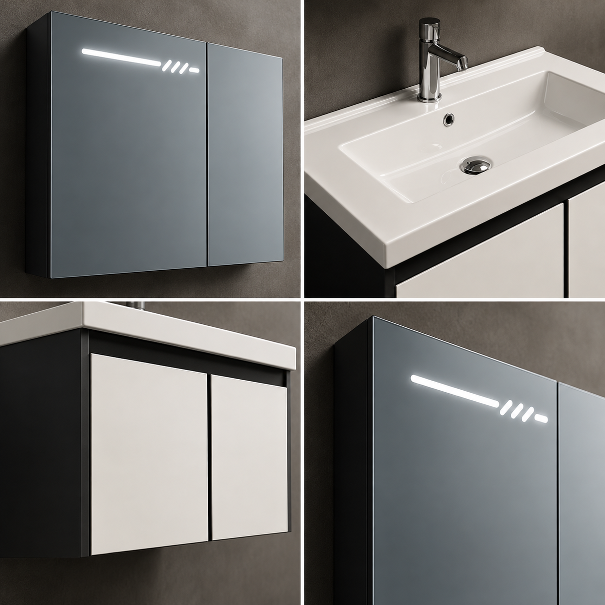 Set Dulap Baie cu Oglinda LED si Dulap Lavoar Suspendat, 60x70 cm, Alb-Negru, Design Modern Minimalist