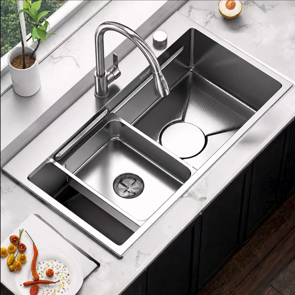 Set Chiuveta Bucatarie Inox, Cuva Universala cu Dop Scurgere, Negru Grafit, 75x45x21 cm