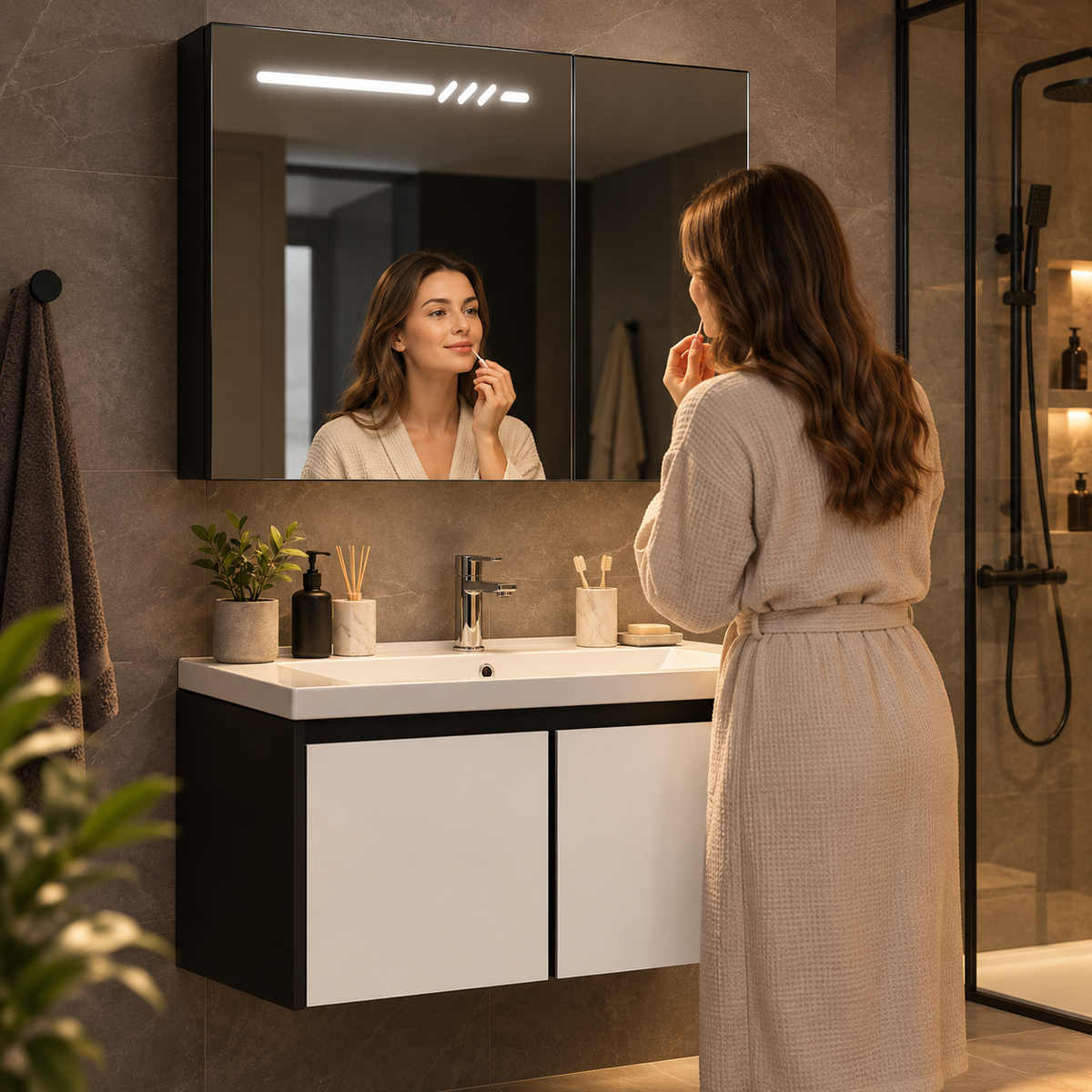 Set Dulap Baie cu Oglinda LED si Dulap Lavoar Suspendat, 60x70 cm, Alb-Negru, Design Modern Minimalist