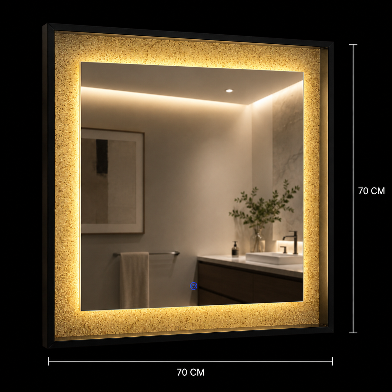 Oglinda LED NUK, 70x70cm, 12W, Negru, Senzor, Lumina 3000K, 4000K, 6000K, Sistem Dezaburire, Metal, Functii Ceas si Temperatura