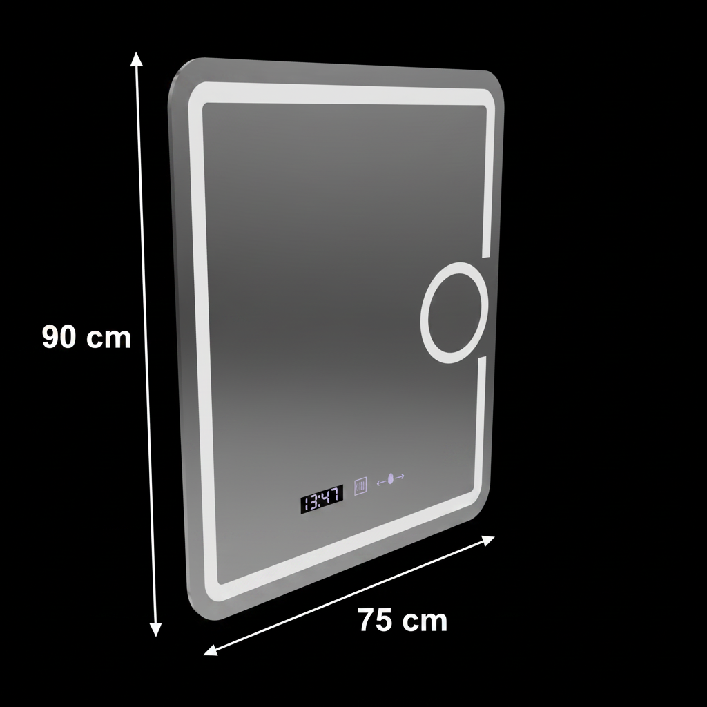Oglinda LED Rectangulara, 75x90cm, Eclat MotionGlow Marcello, Sistem Dezaburire, Ceas & Termometru, Lupa Cosmetica, Dimabila