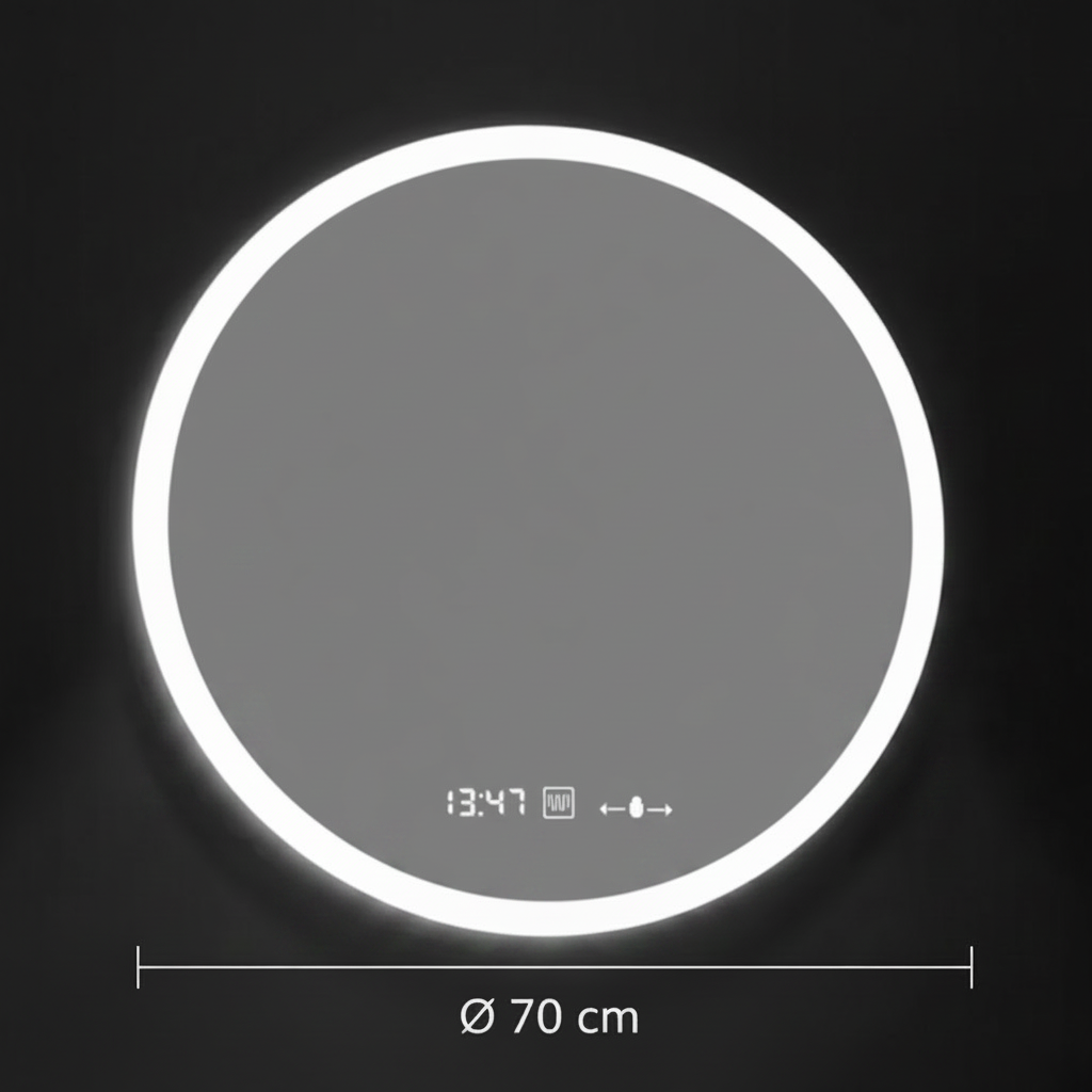 Oglinda LED Rotunda GIULIA, 70cm, senzor MotionGlow, Sistem Dezaburire, Ceas & Termometru, Dimabila, Marcello Funghi