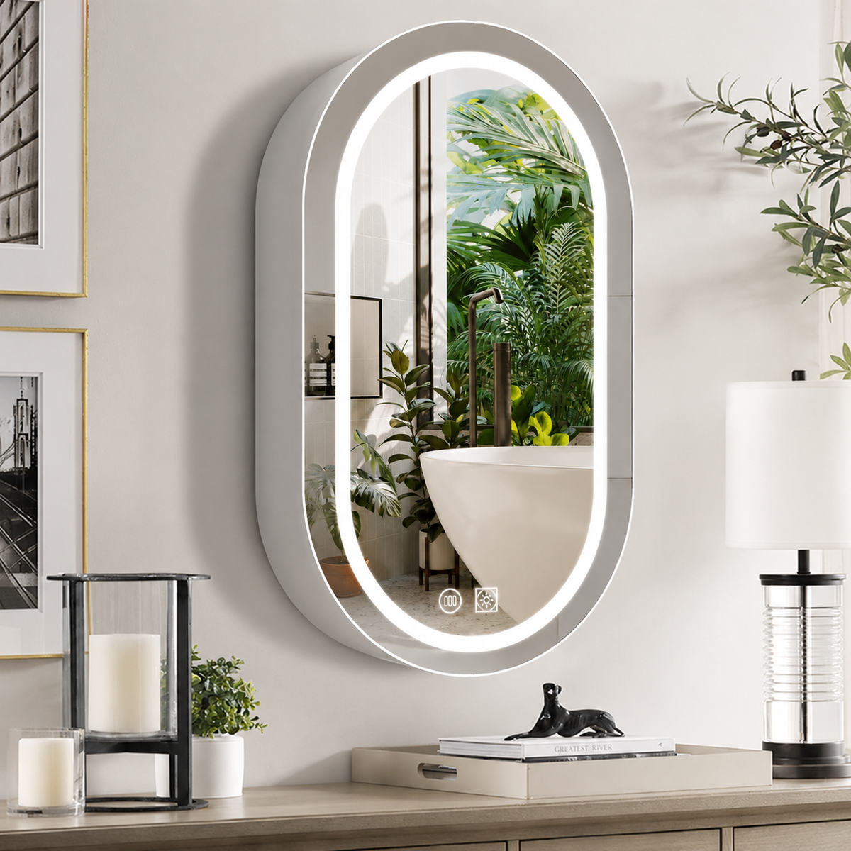 Oglinda LED cu Dulap, Ovala, 50x80cm, Dezaburire, Lumina Rece/Calda/Neutra, Rama Alba, Spatiu de Depozitare