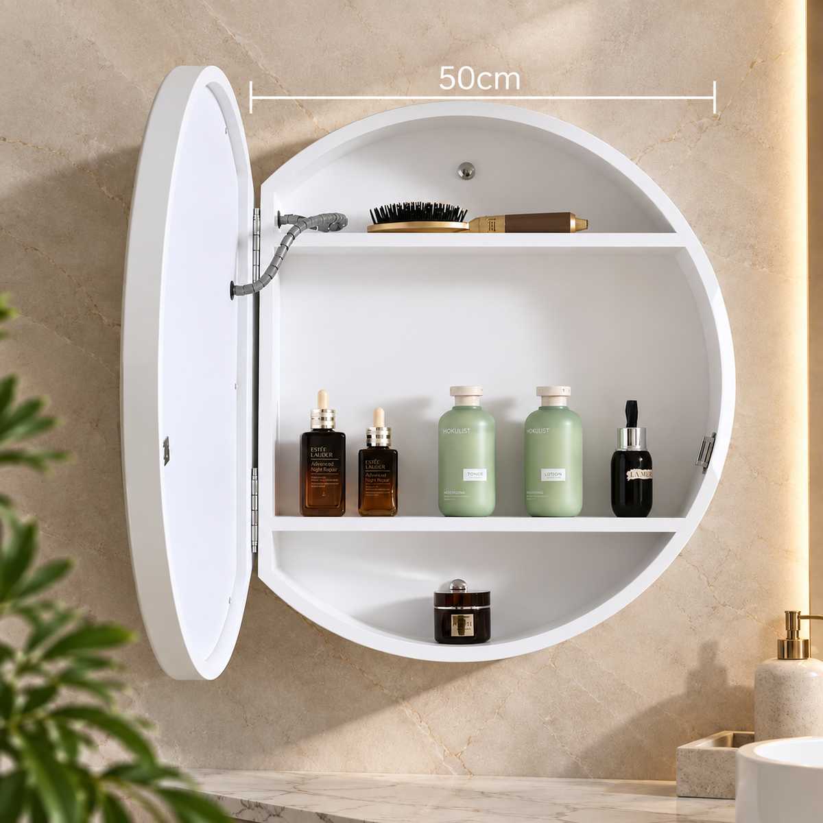 Oglinda LED cu Dulap, Rotunda, 10W, 50x50cm, Dezaburire, Rama Neagra, Spatiu de Depozitare