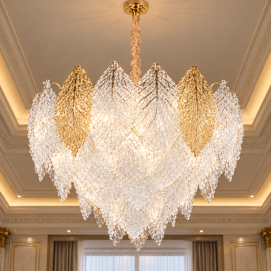 Candelabru Cristal LACE Eleganza 9xE14, Diametru 50cm, Inaltime 36cm, Auriu Lucios, Inaltime Reglabila, Design Elegant
