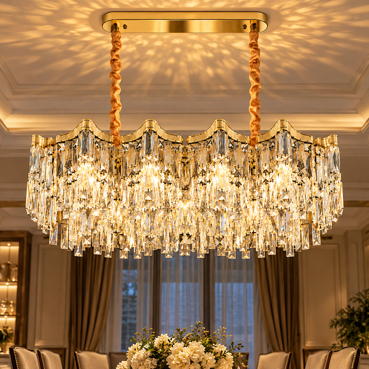 Candelabru Cristal VETRA Supremo 15xE14, 100x35 cm, Auriu, Inaltime Reglabila, Metal si Cristal